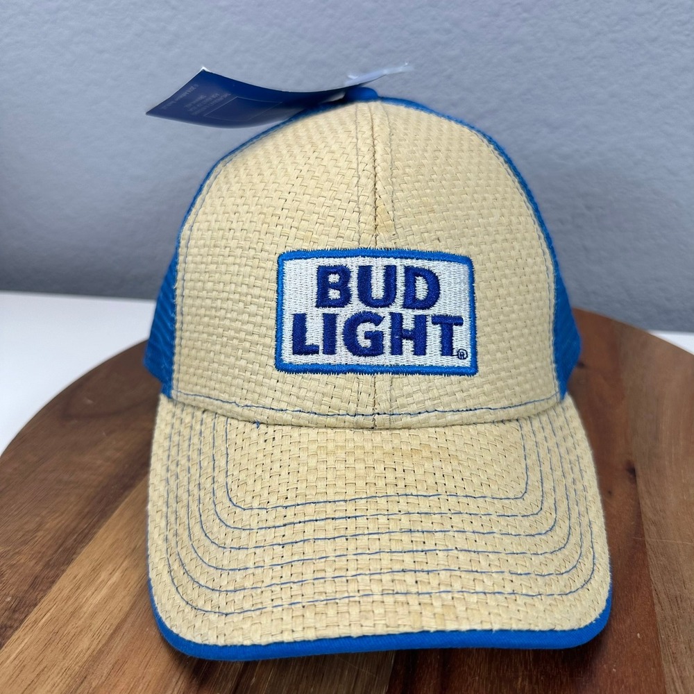 Bud Light Trucker Hat Tan Straw Mesh Blue Snapback Adjustable Cap NEW Party Beer